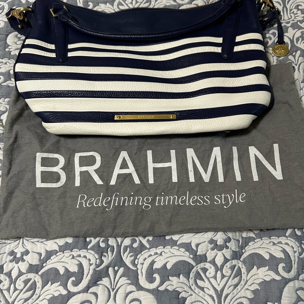 Brahmin Blue and White Shoulder Bag with Gold Accents